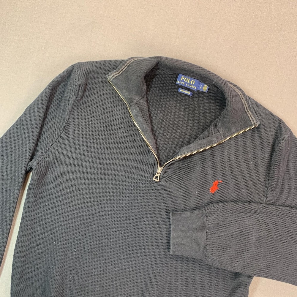 Polo Ralph Lauren Sweater Mens LG Black Pima‎ 1/4 Zip Mock Neck Waffle Red Pony